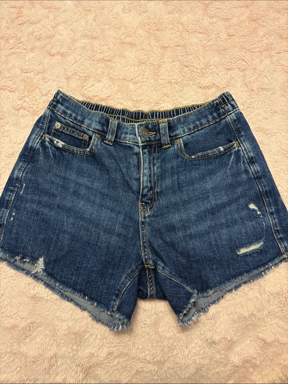 Aerie Distressed Dark Blue Frayed Hem Denim Shorts